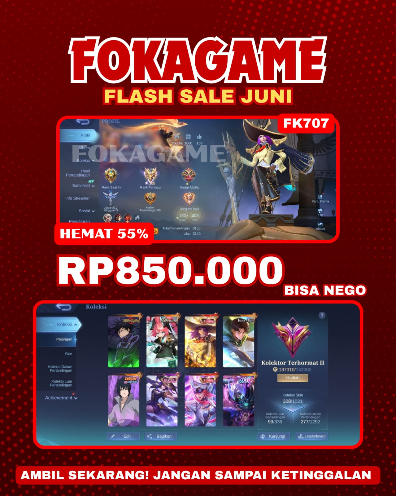 Akun MLBB Mythic Glory 120 Skin